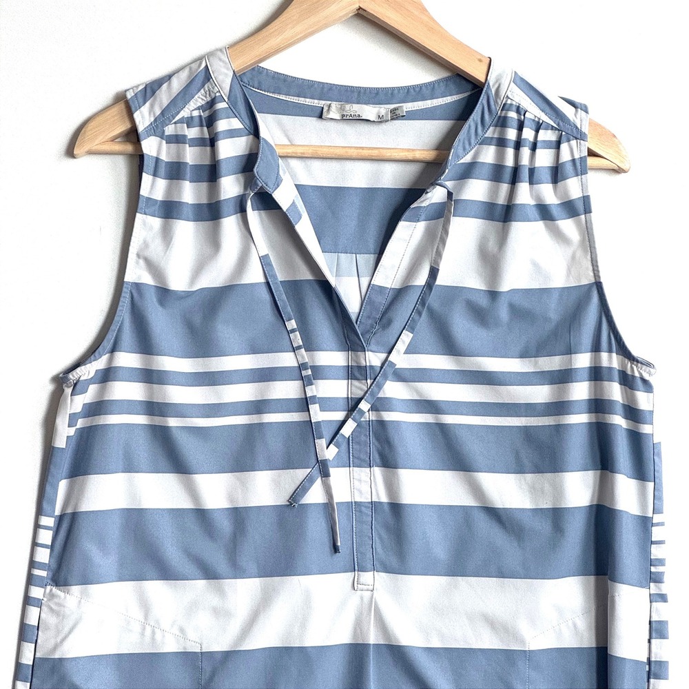 Prana Womens Blue White Striped Sleeveless with Pockets Tunic Top Size M